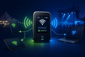 Portable wireless hotspot connected to multiple devices at an event