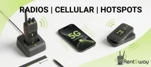 Rent2way communication setup with professional two-way radio, 5G cellular phone, and dual pocket hotspots on a clean surface.