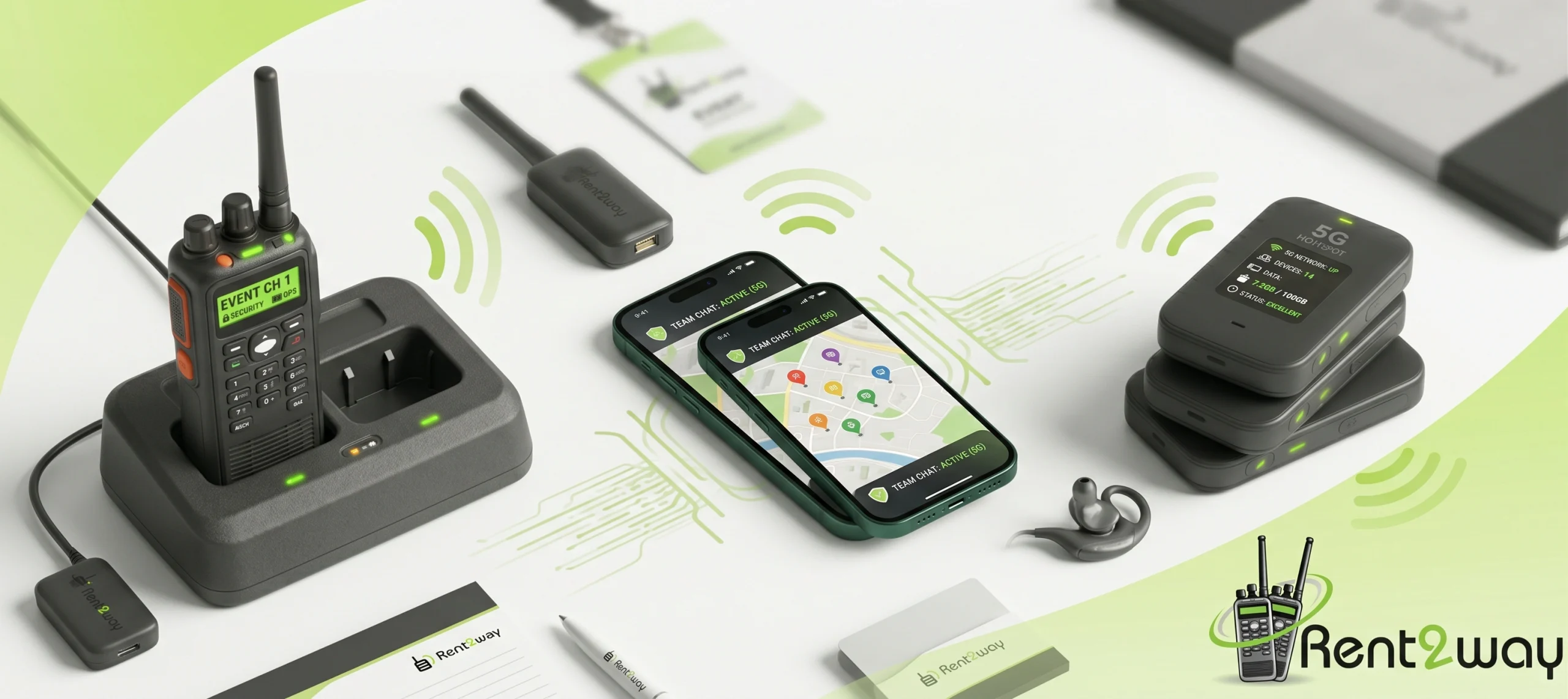 A unified professional event communication setup by Rent2way, featuring a two-way radio in a dual charger, 5G smartphones with active team mapping, and a stack of wireless hotspots on a clean surface with green accents.