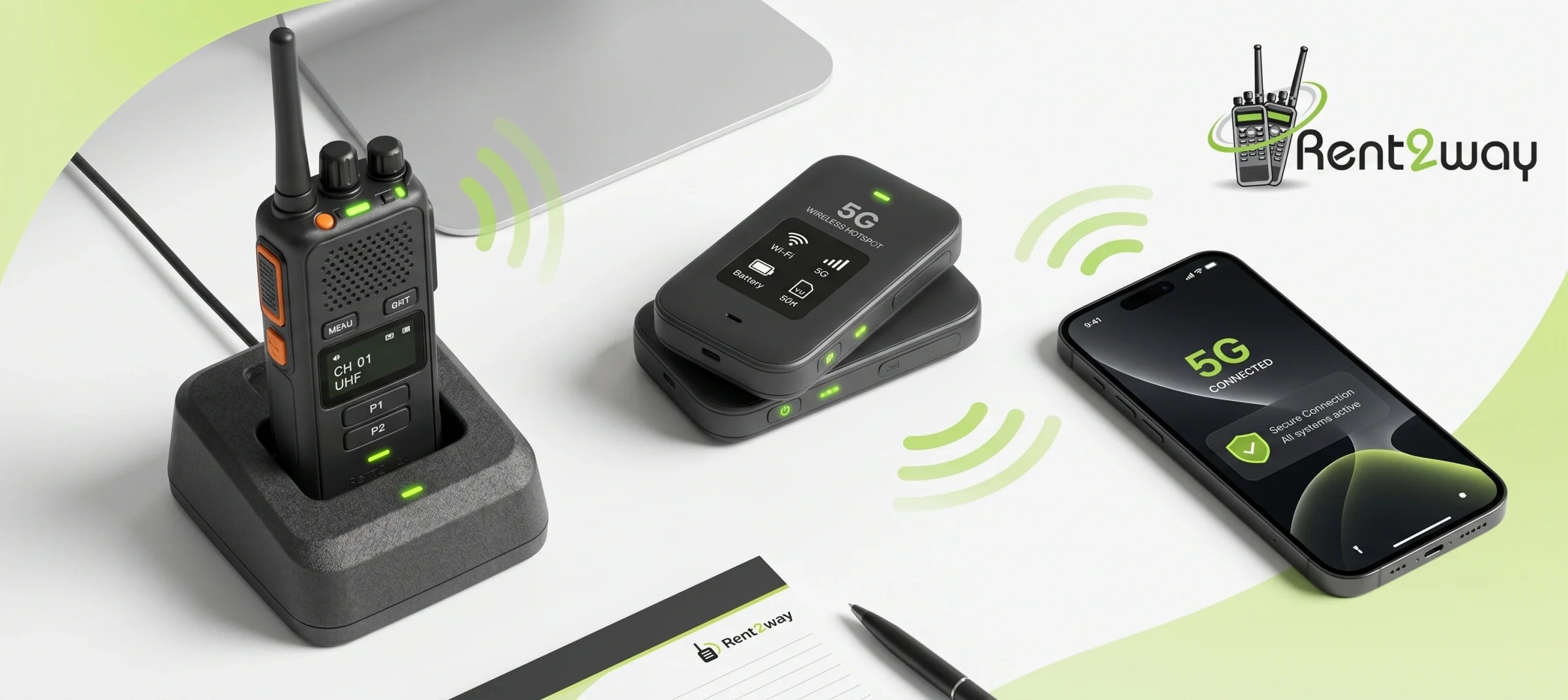 Two-way radio, 5G hotspot, and smartphone on desk for event communication setup
