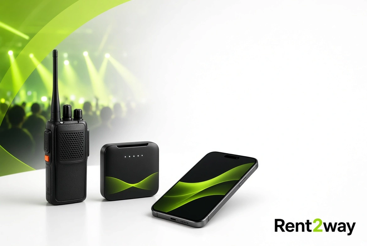Two-way radio, 5G wireless hotspot, and smartphone for event communication setup by Rent2way